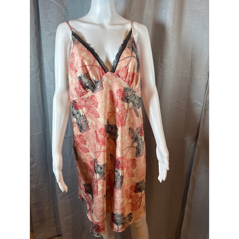 Bendon‎ Satin Floral Slip Nightgown Black Lace Trim Pink Medium